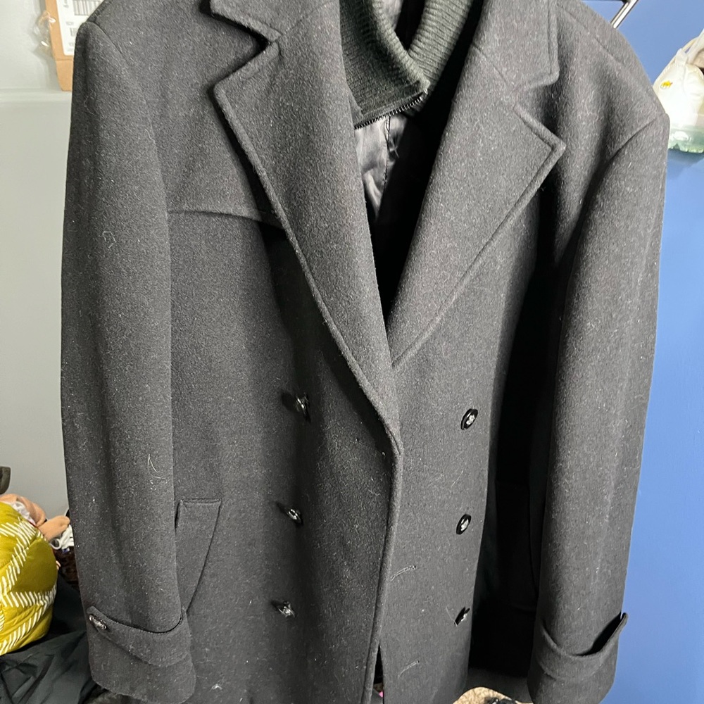 RALPH LAUREN Black  Wool Blend Pea Coat / Zip& Buttons 44L